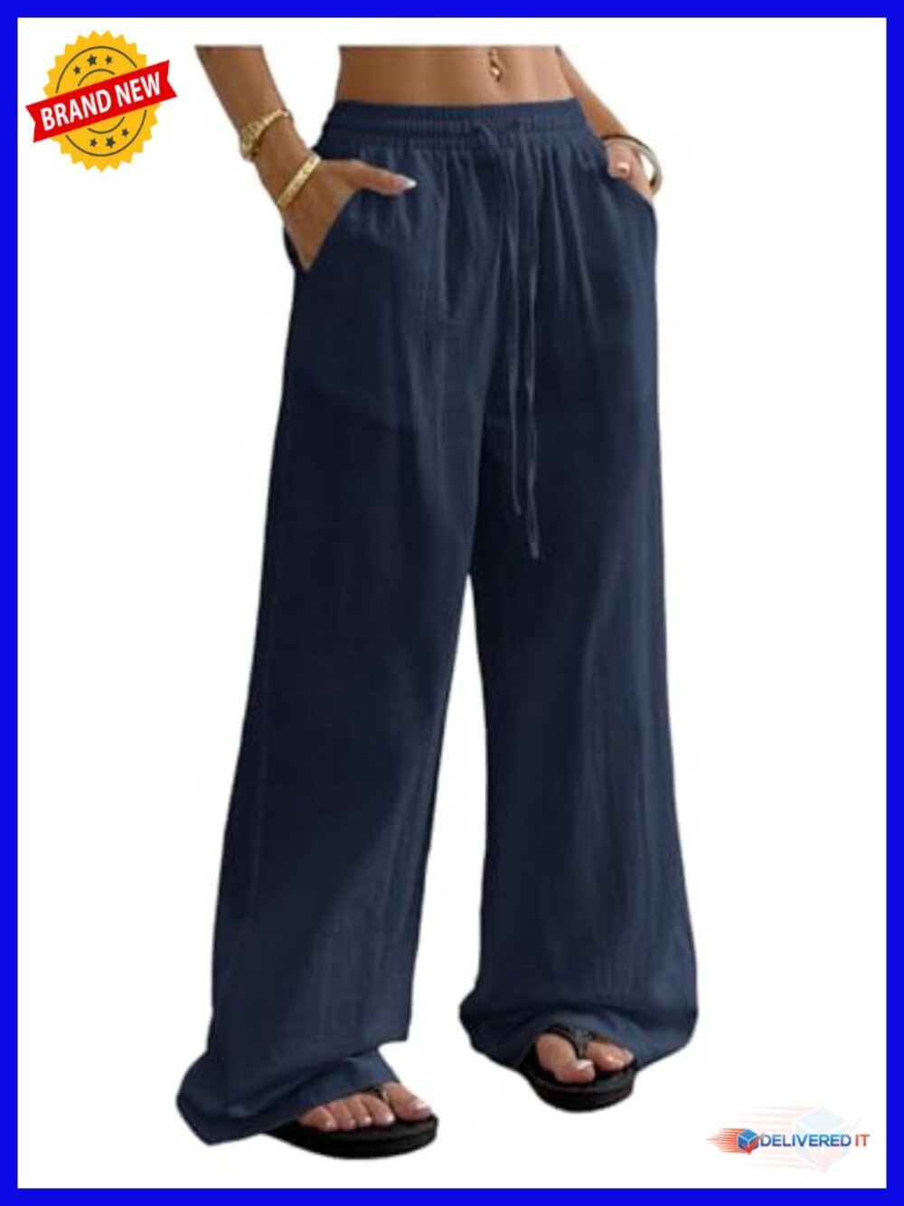Womens Loose Straight Leg Pants Drawstring Waist Slant Pockets Long Trousers